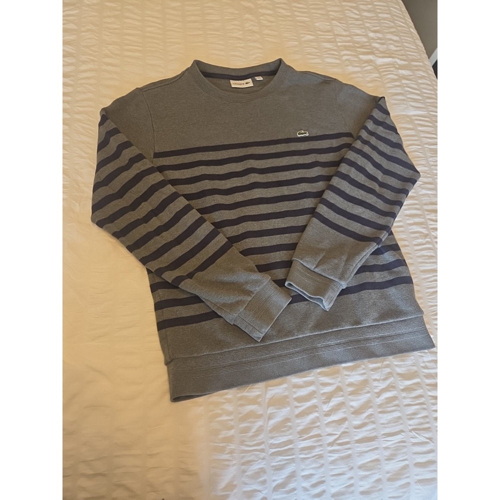Lacoste Striped Crewneck Sweatshirt Mens 4 M Gray Navy Blue Pullover Crocodile